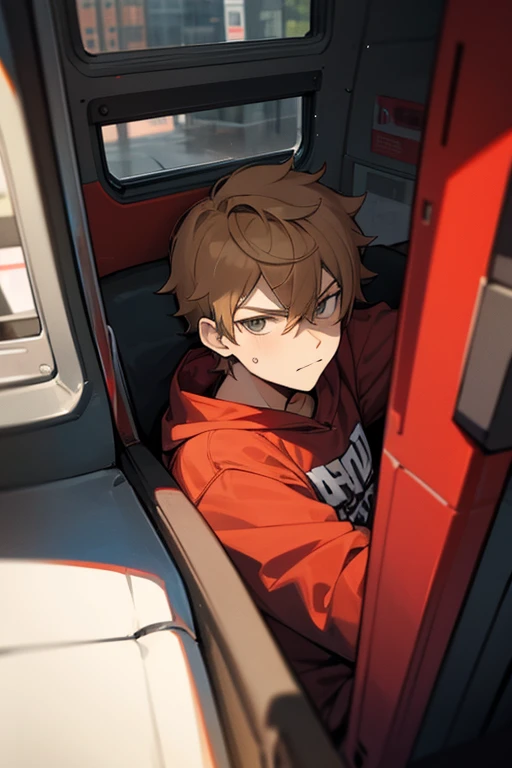 Tord Larsson from Eddsworld anime version, His hair is brown blonde with gray eyes., red sports sweatshirt and sports bus, tomboy.