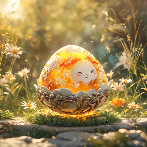 best quality, very good, 16K, ridiculous, Extremely detailed, charming(((Egg:1.3)))，Made of translucent boiling lava, Background grassland（（A masterpiece full of fantasy elements）））， （（best quality））， （（Intricate details））（8K）