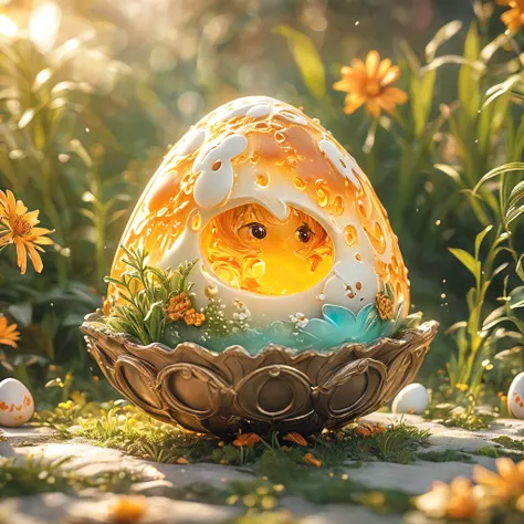 best quality, very good, 16K, ridiculous, Extremely detailed, charming(((Egg:1.3)))，Made of translucent boiling lava, Background grassland（（A masterpiece full of fantasy elements）））， （（best quality））， （（Intricate details））（8K）