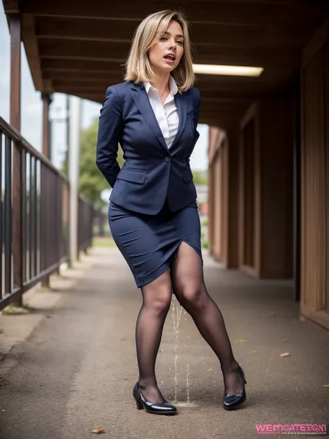 (masutepiece,High quality,16k:1.1),(depth of fields:1.3) ,((front body:1.35)),German ,Woman, ((business suit, pencil skirt)), tights voluptuous, thicc, (Looking at Viewer:1.3),(full body shot:1.2),(Beautiful Morning view of town:1.2),peeing self, wetting h...