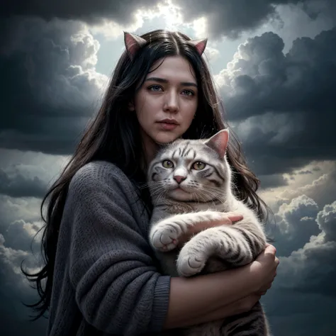 smalling woman hugging a cat in heaven, the woman is huggin a cat in the sky, with clouds, deep color, realistic, wide screen, intricate detail, splash screen, complementary colors, realistic concept art,", dynamic lighting hyperdetailed, brilliant image, ...