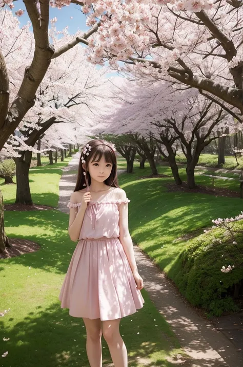 A girl in a magical Sakura forest full of fairies