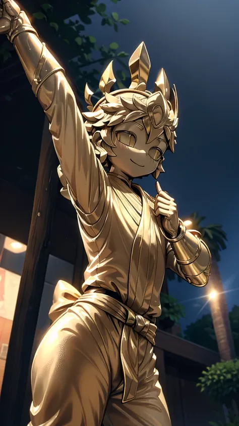 一个男孩的gold statue旁边停着一只燕子。王子的gold statue，prince style，prince costume，court dress，gold statue，男孩的gold statue，cute boy，femboy，带着黄金冠...