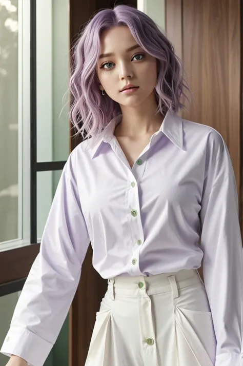 One piece screencap of a woman who has beautiful bob wavy lavender hair, mesmerizing green eyes, pale. She was wearing a white oversize long sleeved button up shirt and pants