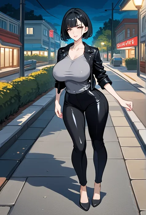 mature woman, mature face, hot face, glossy lips, (black hair, short hair, hime bangs), mature body, big breast, gray shirt, tight shirt, puffing chest out, (black leather jacket), tight pants, big ass, sidewalk, (night), front view, flirting expression