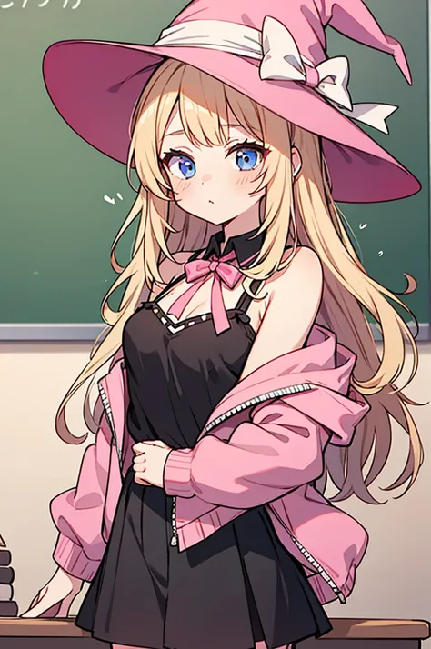 anime style,13years old girl,pink Jacket,black camisole with pink ribbon,pink_witch_hat with pink rose accessories,black skirt with pink frill,Gyaru-style vertical roll hair,midium breasts,class room,