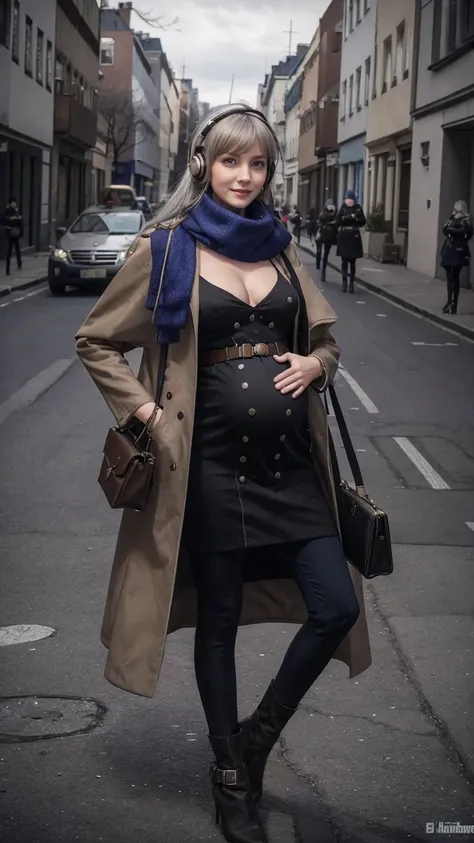 masterpiece, best quality, 1girl,  HD, 4K, solo, Bkornblume, headphones, solo, blue scarfs, coat, pussy, pregnancy, pregnant, exhibitionism, headache, black leggings, black gloves, grey hair, blushing, naked, smile, full body, pouch, german face, boots, wa...