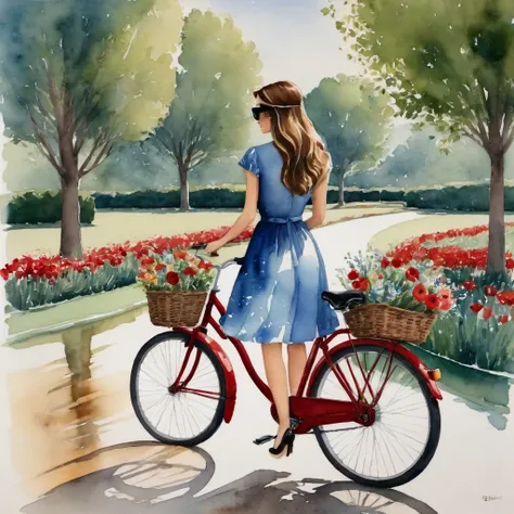 a watercolor painting shows a woman from behind, wearing a short blue dress and high-heeled shoes, walking alongside a red bicyc...