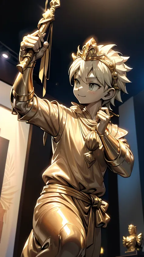 一个男孩的gold statue旁边停着一只燕子。王子的gold statue，prince style，prince costume，court dress，gold statue，男孩的gold statue，cute boy，femboy，带着黄金冠...