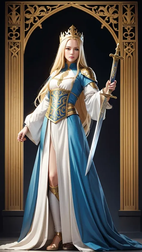 Full body goddess long blonde hair and white and gold medieval clothes with sword in hand