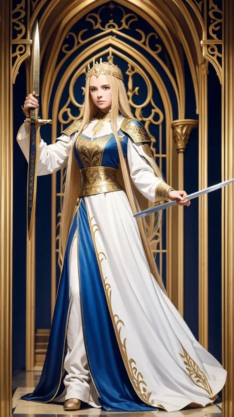 Full body goddess long blonde hair and white and gold medieval clothes with sword in hand