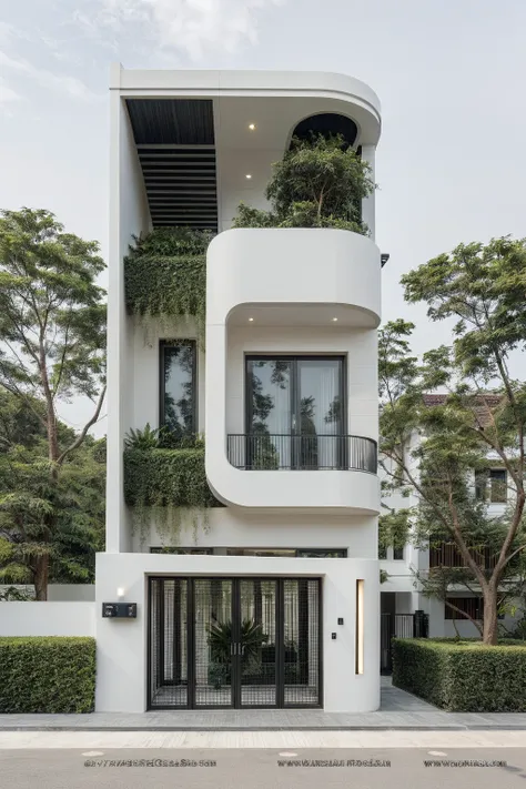 raw photo, a photo of a modern house, (curvilinear archrchitecture:1.4), wabisabi style rounded wall, white wall, steel black ga...