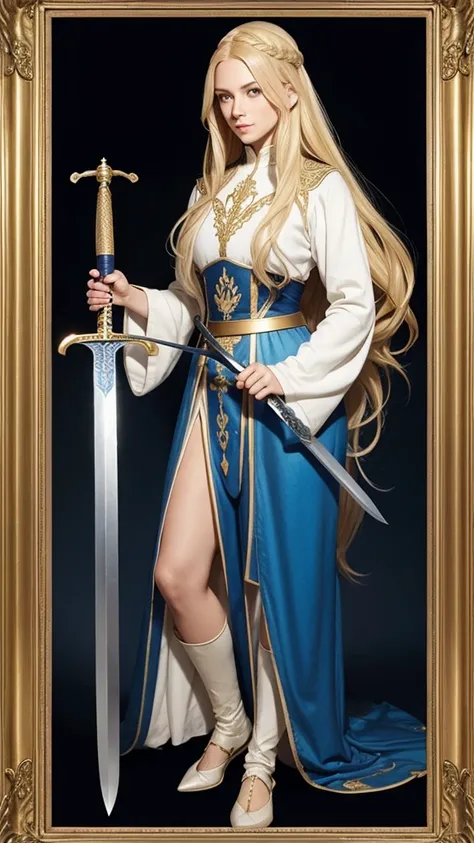 Full body woman with long blonde hair and white and gold medieval clothes with sword in hand