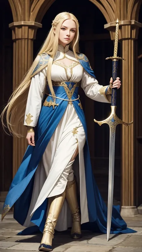 Full body woman with long blonde hair and white and gold medieval clothes with sword in hand