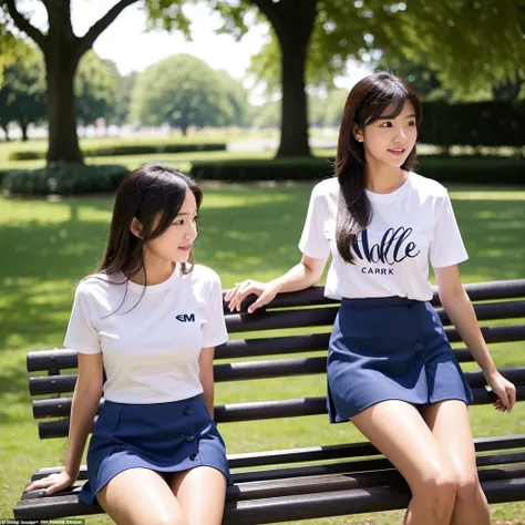 Female supermodel sits on a park bench in Hyde park of London and wears a white T-shirt and navy blue mini-skirt with Labrador dog