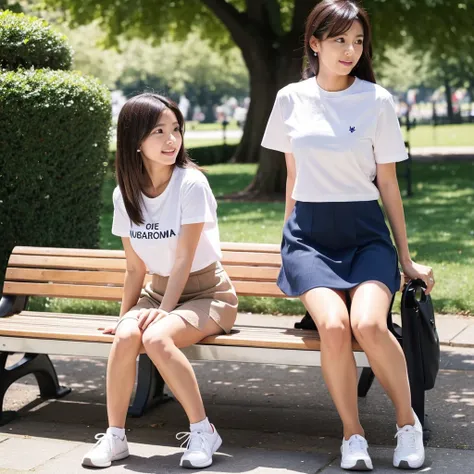 Female supermodel sits on a park bench in Hyde park of London and wears a white T-shirt and navy blue mini-skirt with Labrador dog