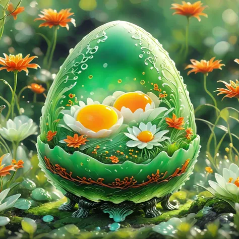 best quality, very good, 16K, ridiculous, Extremely detailed, charming(((Egg:1.3)))，Made of translucent boiling lava, Background grassland（（A masterpiece full of fantasy elements）））， （（best quality））， （（Intricate details））（8K）