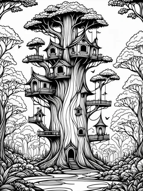 whimsical tree house village, line art, black and white, intricate details, coloring book page, fantasy forest setting, black an...