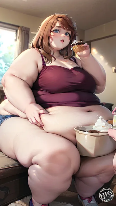 Obese woman, long brown hair, blue eyes, double chin, fat belly and thick lovehandles, chunky thighs, skintight tanktop and shorts, sitting, stuffing herself with ice cream, painfully stuffed belly