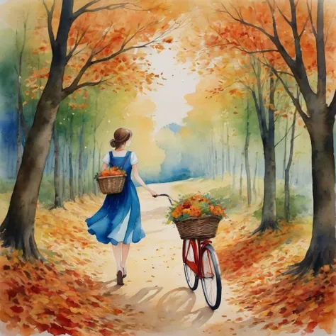 anime girl,a watercolor painting in the heart of a serene autumn forest, a young girl embarks on a journey. she is adorned in a ...