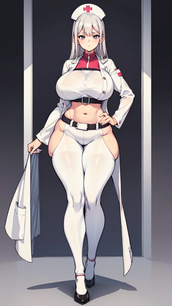 ((blank background)), masterpiece, best quality, silver hair, (big breast:1), ((full body framing)), symmetry, nurse woman, nurse uniform, nurse cap, long pants, ((curvy)), wide hips thick thighs, only white, all white, belt below navel, ((lab coat))