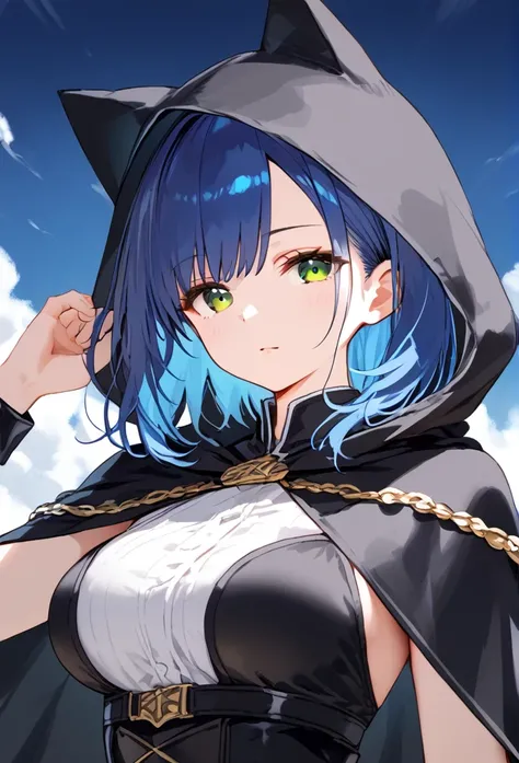 girl, blue hair, medium length hair, green eyes, black cape, hood on her head, black hood