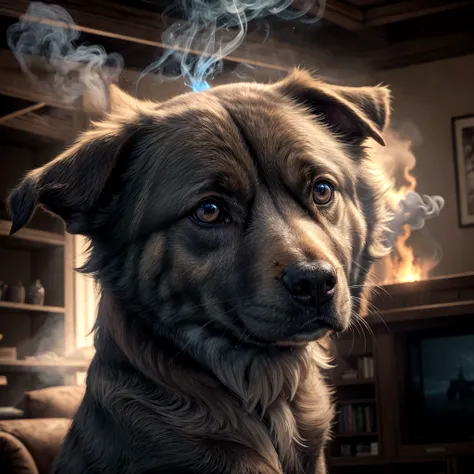 cute spirit of a dog in glowing smoke looking at its owner in the living room, deep colors, realistic, widescreen, intricate details, splash screen, complementary colors, realistic concept art, volumetric lighting Unreal Engine 5", 8k, hyper-detailed dynam...