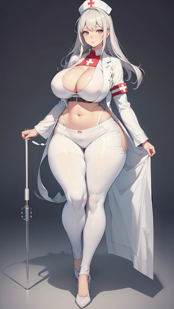 ((blank background)), masterpiece, best quality, silver hair, (big breast:1), ((full body framing)), symmetry, nurse woman, nurse uniform, nurse cap, long pants, ((curvy)), wide hips thick thighs, only white, all white, belt below navel, ((lab coat))