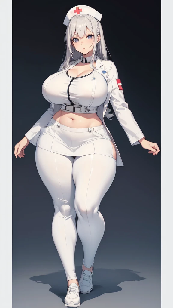 ((blank background)), masterpiece, best quality, silver hair, (big breast:1), ((full body framing)), symmetry, nurse woman, nurse uniform, nurse cap, long pants, ((curvy)), wide hips thick thighs, only white, all white, belt below navel, ((lab coat))