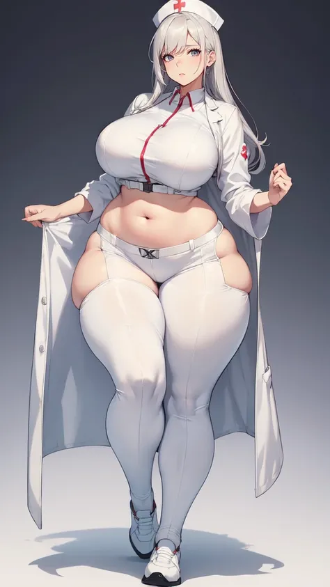 ((blank background)), masterpiece, best quality, silver hair, (big breast:1), ((full body framing)), symmetry, nurse woman, nurse uniform, nurse cap, long pants, ((curvy)), wide hips thick thighs, only white, all white, belt below navel, ((lab coat))