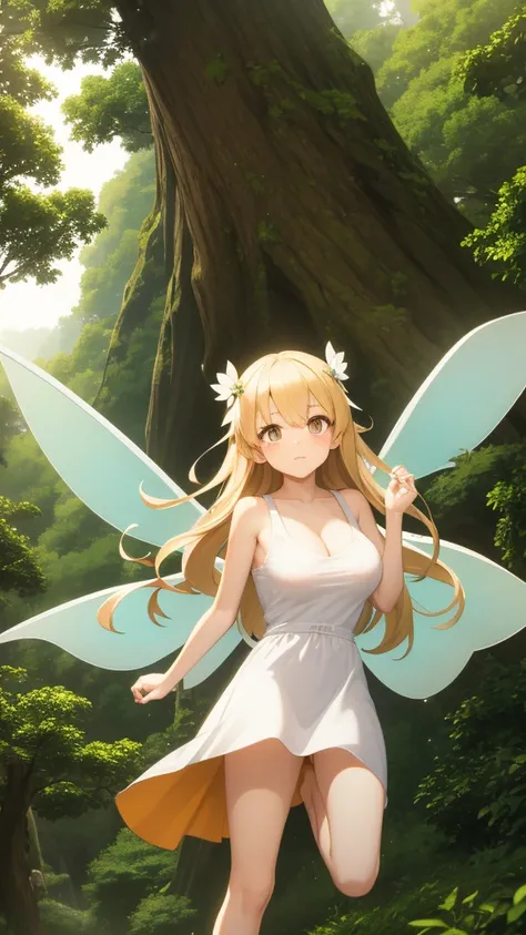 Showing the whole body, cute, baby face, big breasts, flying in the sky, in the forest, simple white dress, long hair, alone, short, fairy wings, honey blonde hair, orange eyes, flying