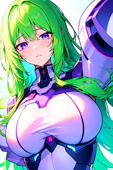 [(WHITE BACKGROUND:1.5),::5], ((((masterpiece)))), high quality, ultra very high resolution, full color, (((solo))), ((Mecha musume)), Mecha girl, ((Green hair)), (Purple eyes), anime, ((upper body)), neon light, cyborg body, (Purple neon effect:1.2)