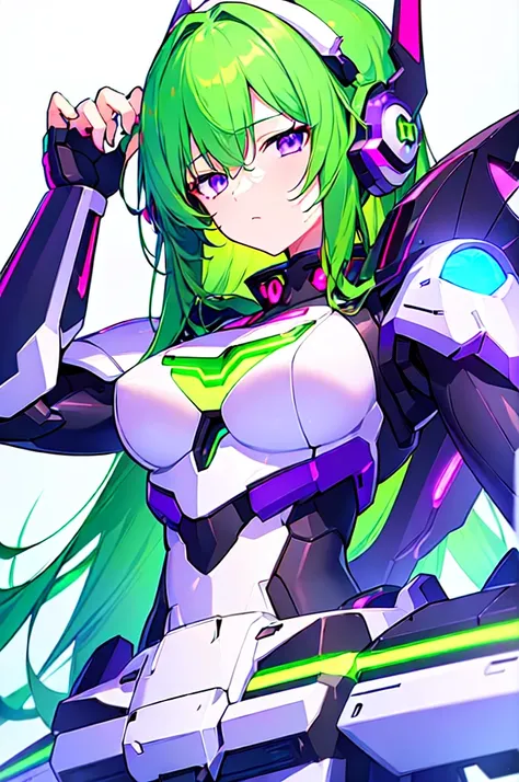 [(WHITE BACKGROUND:1.5),::5], ((((masterpiece)))), high quality, ultra very high resolution, full color, (((solo))), ((Mecha musume)), Mecha girl, ((Green hair)), (Purple eyes), anime, ((upper body)), neon light, cyborg body, (Purple neon effect:1.2)