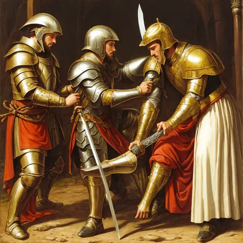 A kneeling man in armor receiving a sword from the king