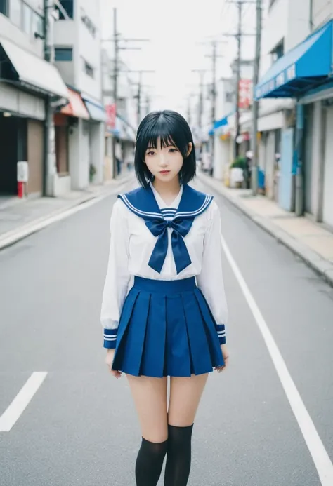 instax, snapshot, Realistic, Photography, jpop girl groups girl, Japanese-idol-face girl, A girl with a face like a beautiful anime cosplayer, 17-years-old, kawaii, Japanese sailor , black hair, straight hair, Lomography, blue and white, cinematic shot, dy...