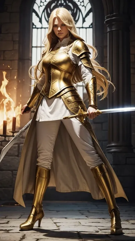 Full body angry woman warrior long blonde hair and white and golden medieval clothing with sword in hand