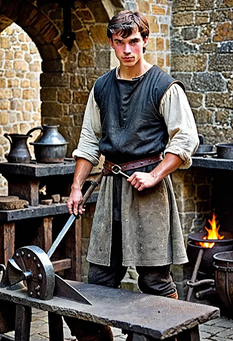 A young man, dressed in medieval court blacksmith clothing. He has very short brown hair. His body looks muscular. It is in a forge built in stone. 