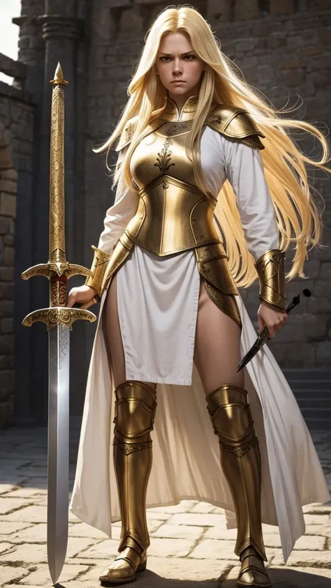 Full body angry woman warrior long blonde hair and white and golden medieval clothing with sword in hand