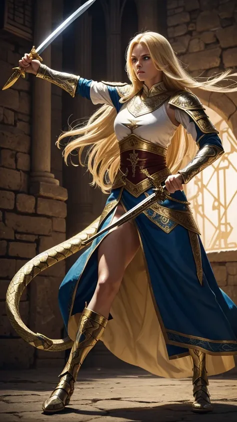 Full body Angry woman warrior long blonde hair and white and gold medieval clothes with sword in hand fighting with giant snake