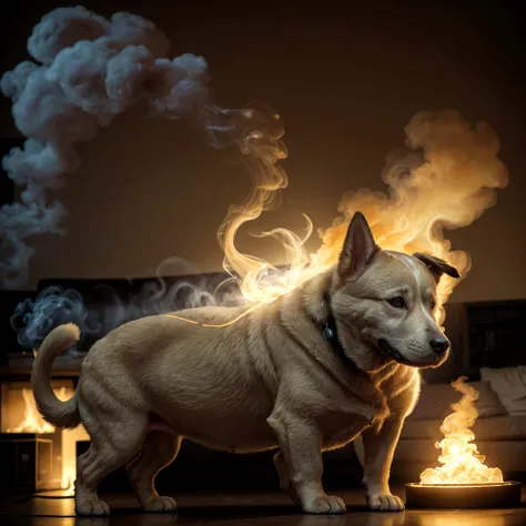 soul of a dog in the shape of yellowish glowing smoke, looking at a man in the living room, 8k, full hd, panoramic view, ultra realistic, ultra realistic lighting, ultra detailed