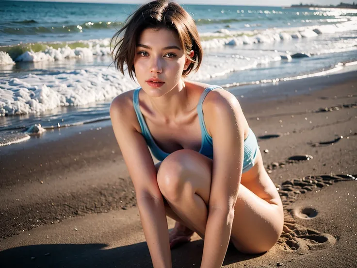 Realistic Photography, Beautiful Young Female ,Short hair ,beach