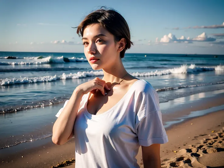 Realistic Photography, Beautiful Young Female ,Short hair ,beach