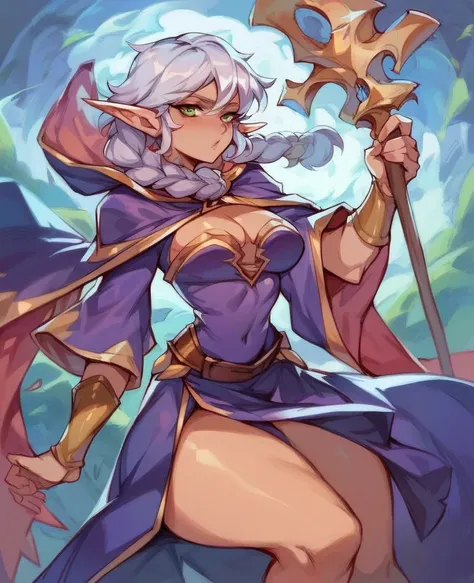 1 female elf, wizard healer girl, short girl, pouty look, wizard garb, cleavage , Wizard staff, small waist, thick thighs. white hair, braided, seductive pose, masterpiece.
She is from RPG and she lives in a place called Terra Luz and she is very good but ...