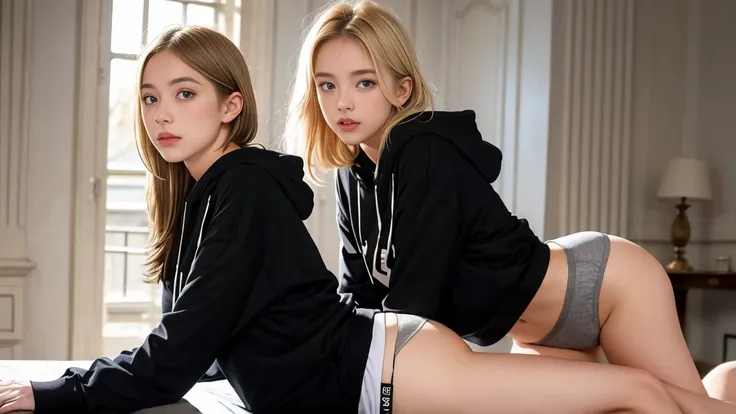 deux femmes blonde ensemble de 18 ans sexy et mince , black short sleeve hoodie , jambe visible , se touche,salle de classe,position sensuel