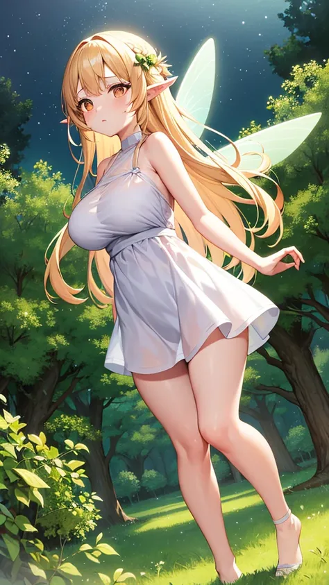 Showing the whole body, cute, baby face, big breasts, flying in the sky, in the forest, simple white dress, long hair, alone, short, fairy wings, honey blonde hair, orange eyes, flying