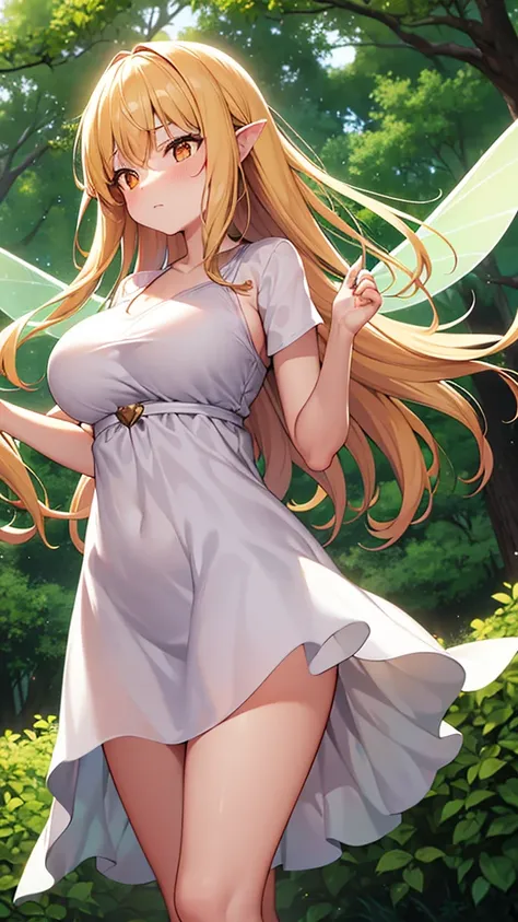 Showing the whole body, cute, baby face, big breasts, flying in the sky, in the forest, simple white dress, long hair, alone, short, fairy wings, honey blonde hair, orange eyes, flying