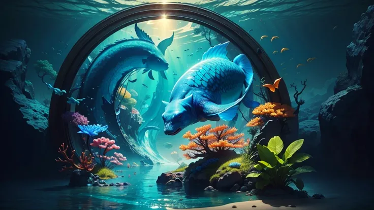 An image in bright colors, with fish swimming and a majestic turtle in the middle of the coral, suitable for the following title: “The magnificence of Nature in the Brushstroke”