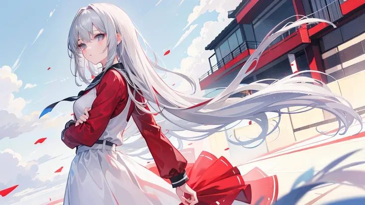 4K, Highest quality, Female student, Gray Hair, Medium length hair, Red colored eyes, Sky blue shirt, White Dress，Anime Big ,Don&#39;Don&#39;t show your hands