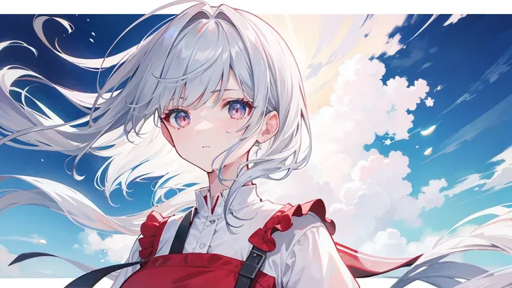 4K, Highest quality, Female student, Gray Hair, Medium length hair, Red colored eyes, Sky blue shirt, White Dress，Anime Big ,Don&#39;Don&#39;t show your hands