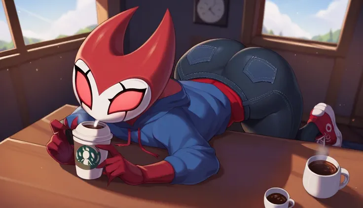 score_9, score_8_up, score_7_up, score_6_up, zPDXL2, grimm (hollow knight), vampire, bat, 1boy, cute face, detailed eyes, drinking coffee, anthro, thick ass, short jeans, blue large hoodie, red sports gloves, sneakers, highlight thighs, highlight buttocks,...